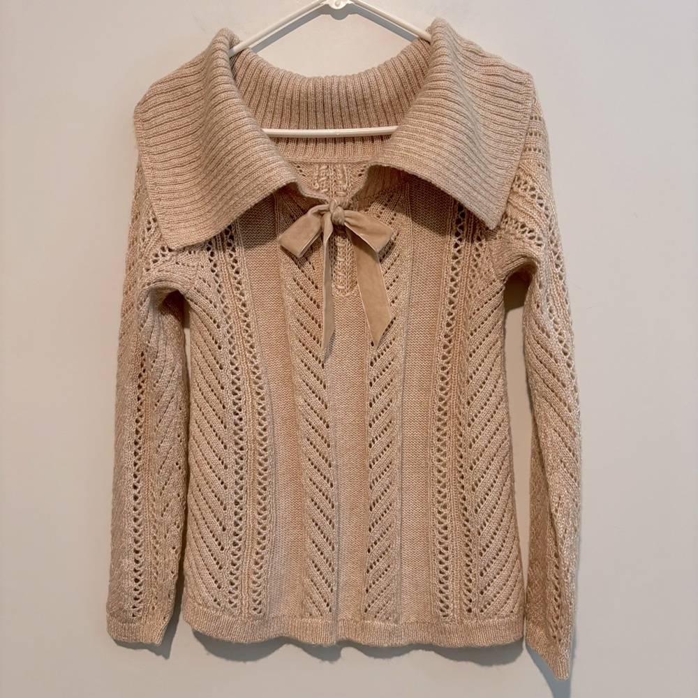 White House Black Market Beige Open-Knit Cowl Sweater with Tie